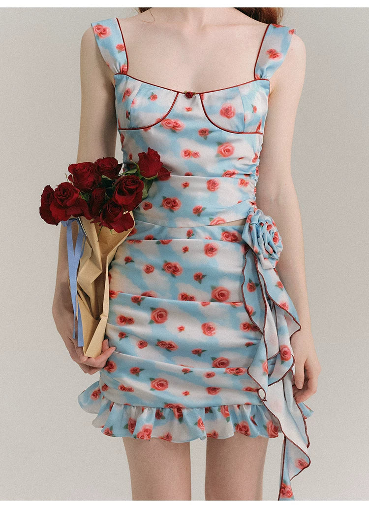 Hand Painted Rose Floral Camisole & Short Skirt Setup