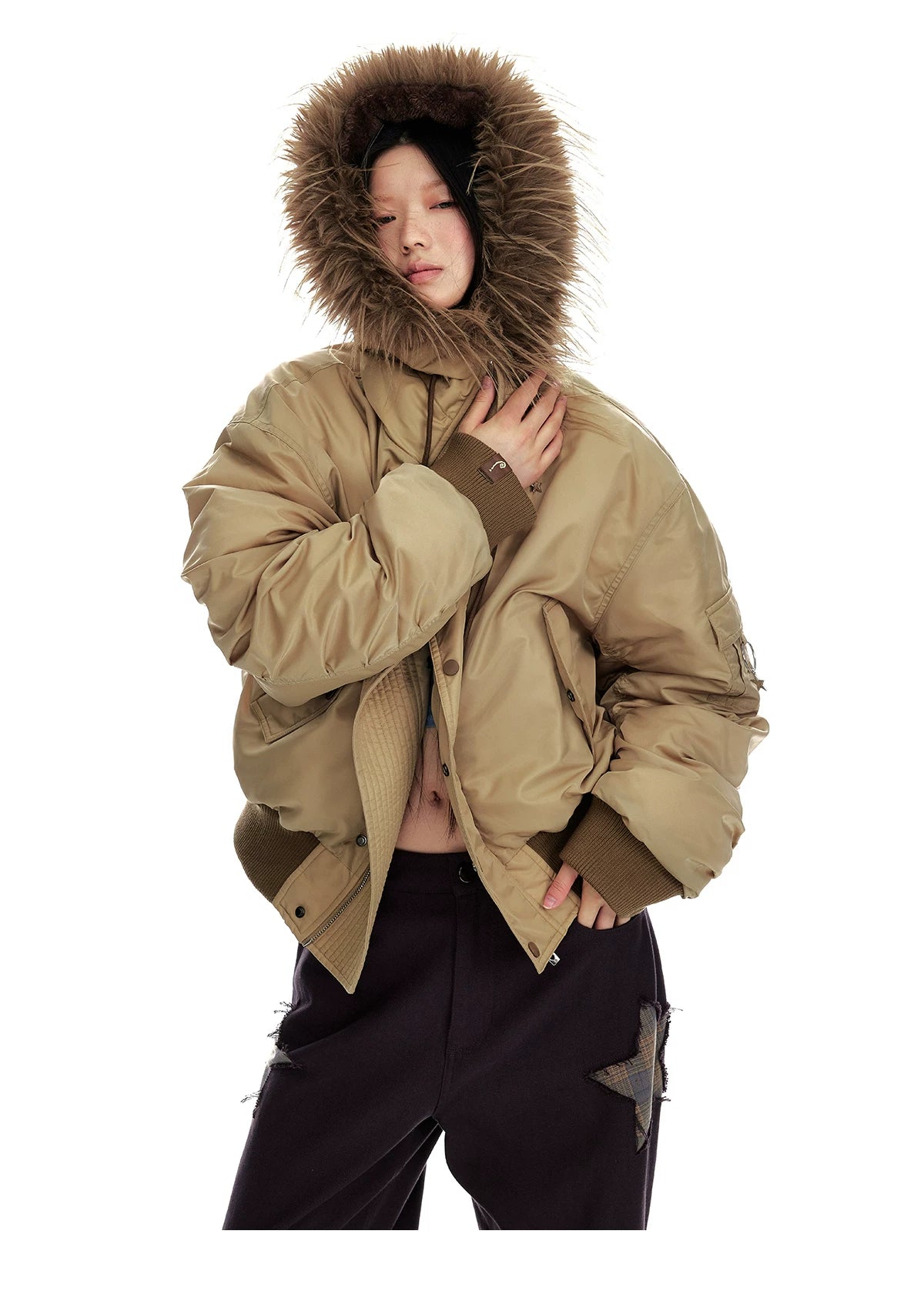 Hooded Fur-Collar White Duck Down Jacket