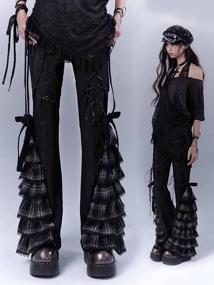 Plaid Tie Detail Tiered Pants