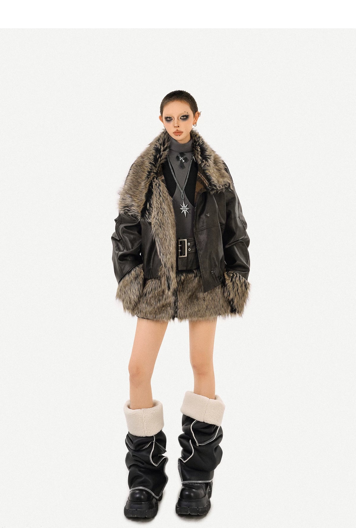 Reversible Fake Fur PU Leather Jacket & Skirt Setup