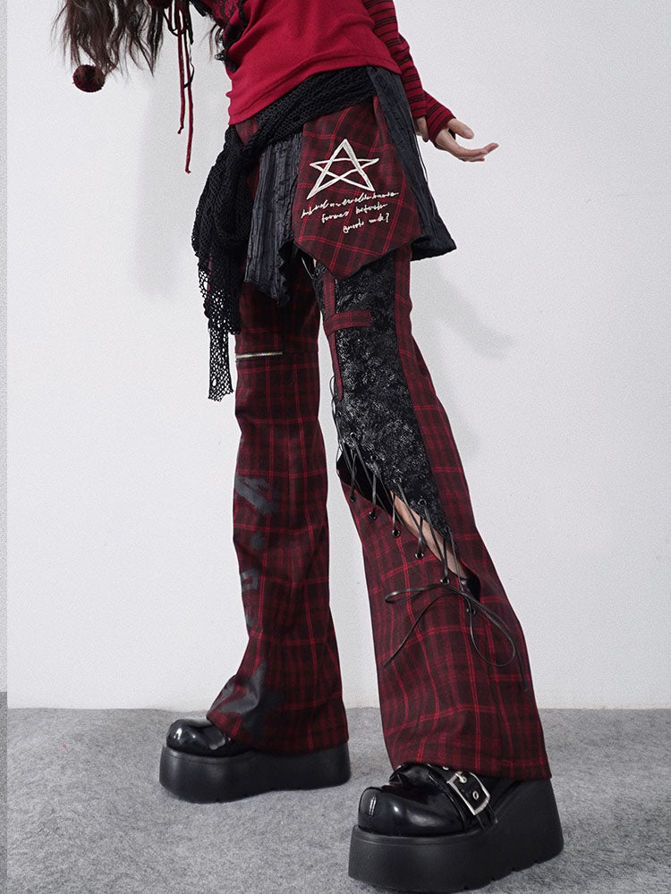 Tie-Strap Hollow-Out Plaid Patchwork PU Leather Pants