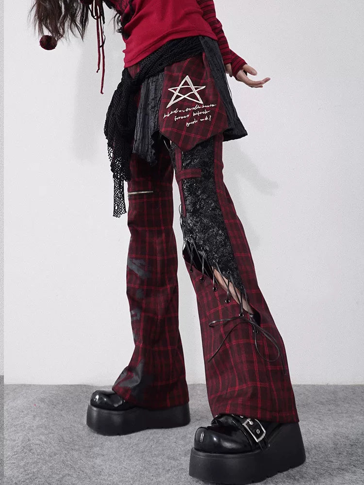 Tie-Strap Hollow-Out Plaid Patchwork PU Leather Pants