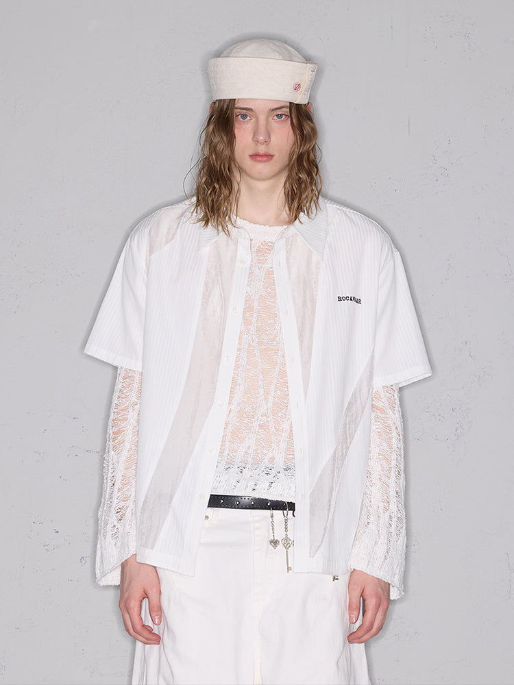 Deconstructed Mixed Fabric Stripe Patchwork Oversize Short Sleeve Shirt