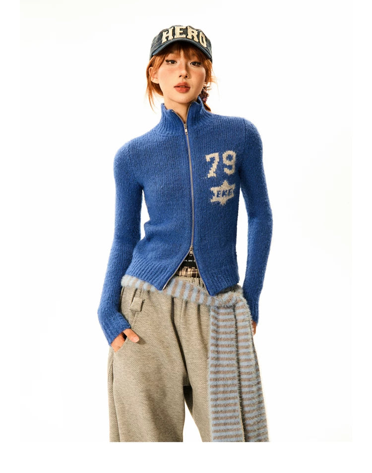 Number Patch Knit Zipper Stand Neck Cardigan
