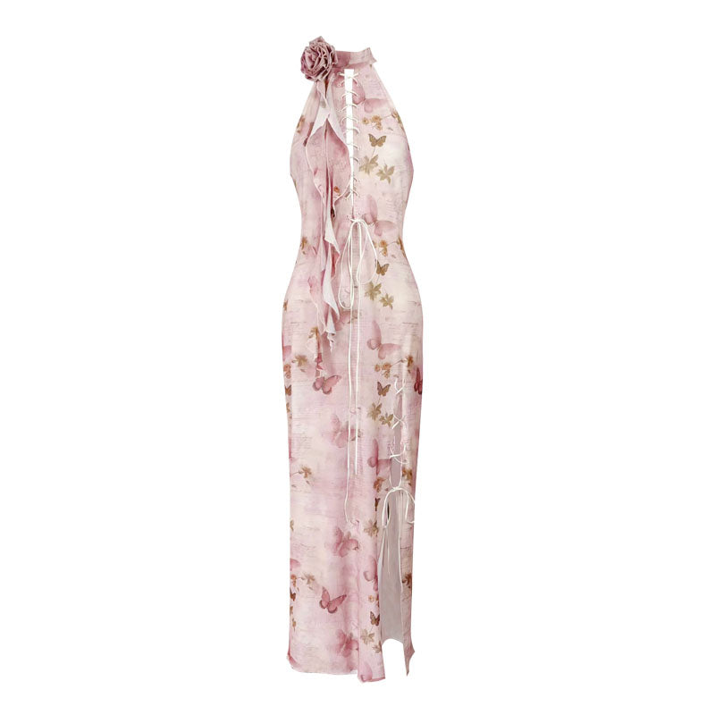 Butterfly Print Slit Tie-Strap Long Cheongsam Dress