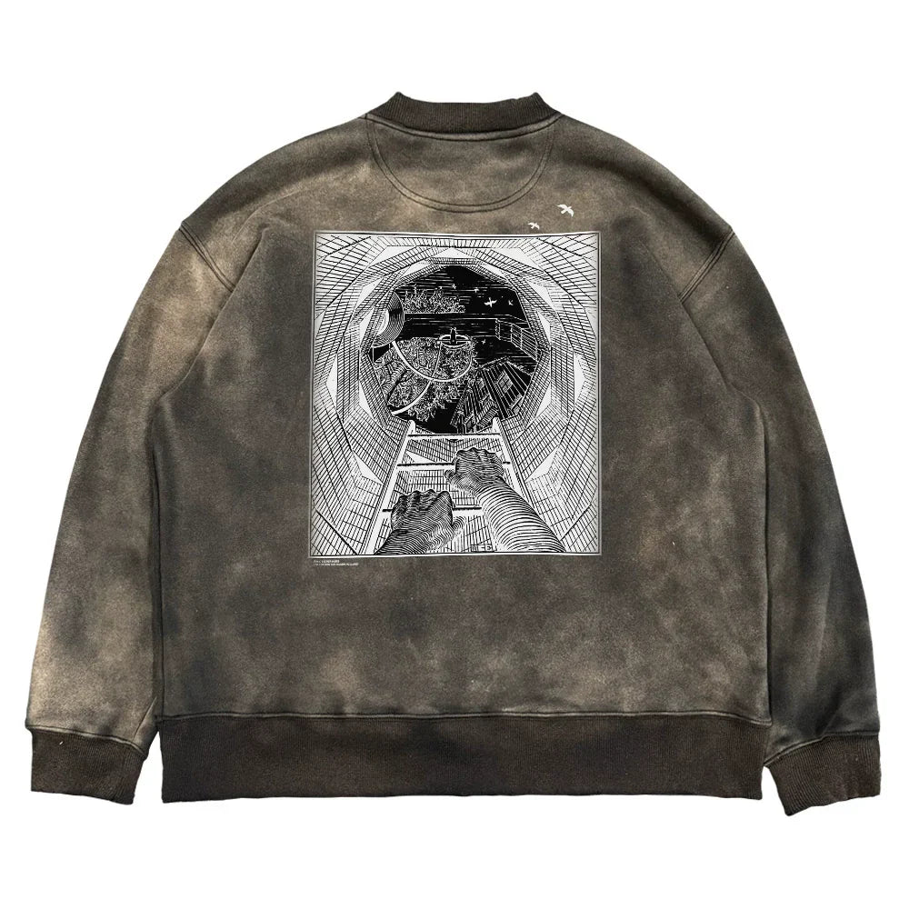 Graffiti Pigeon Print Washed Heavyweight Sweatshirt