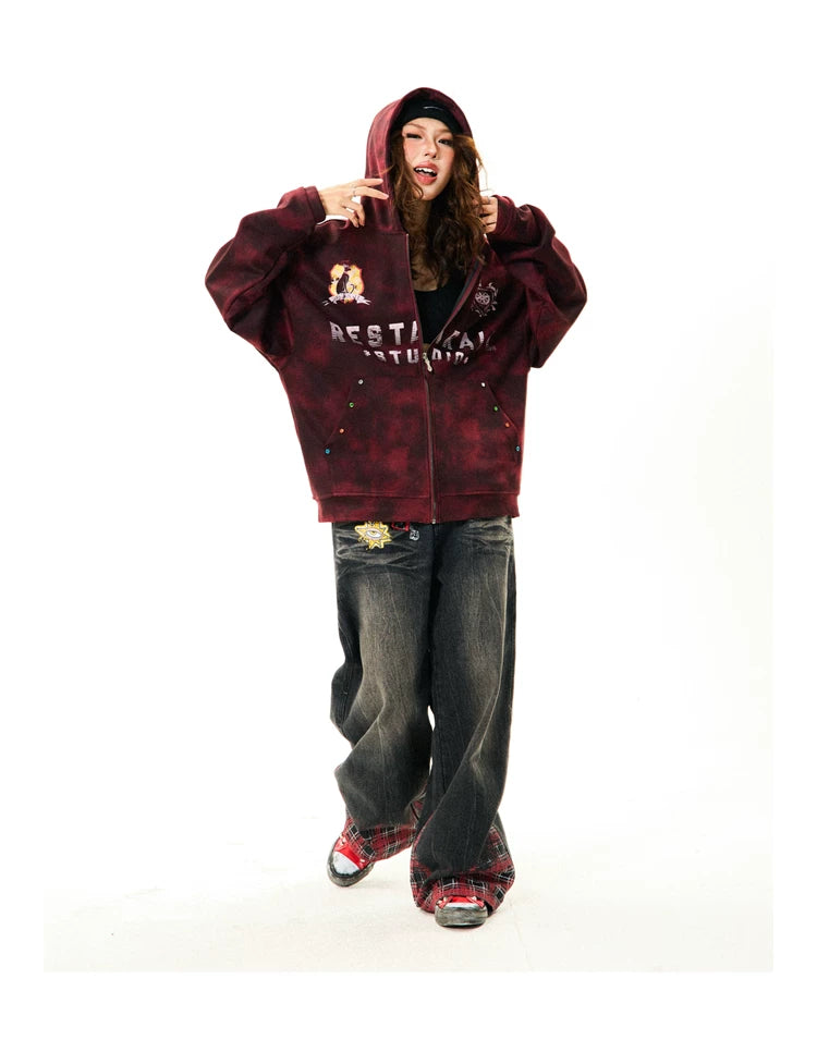 Tie-Dye Letter Print Oversize Zipper Hoodie