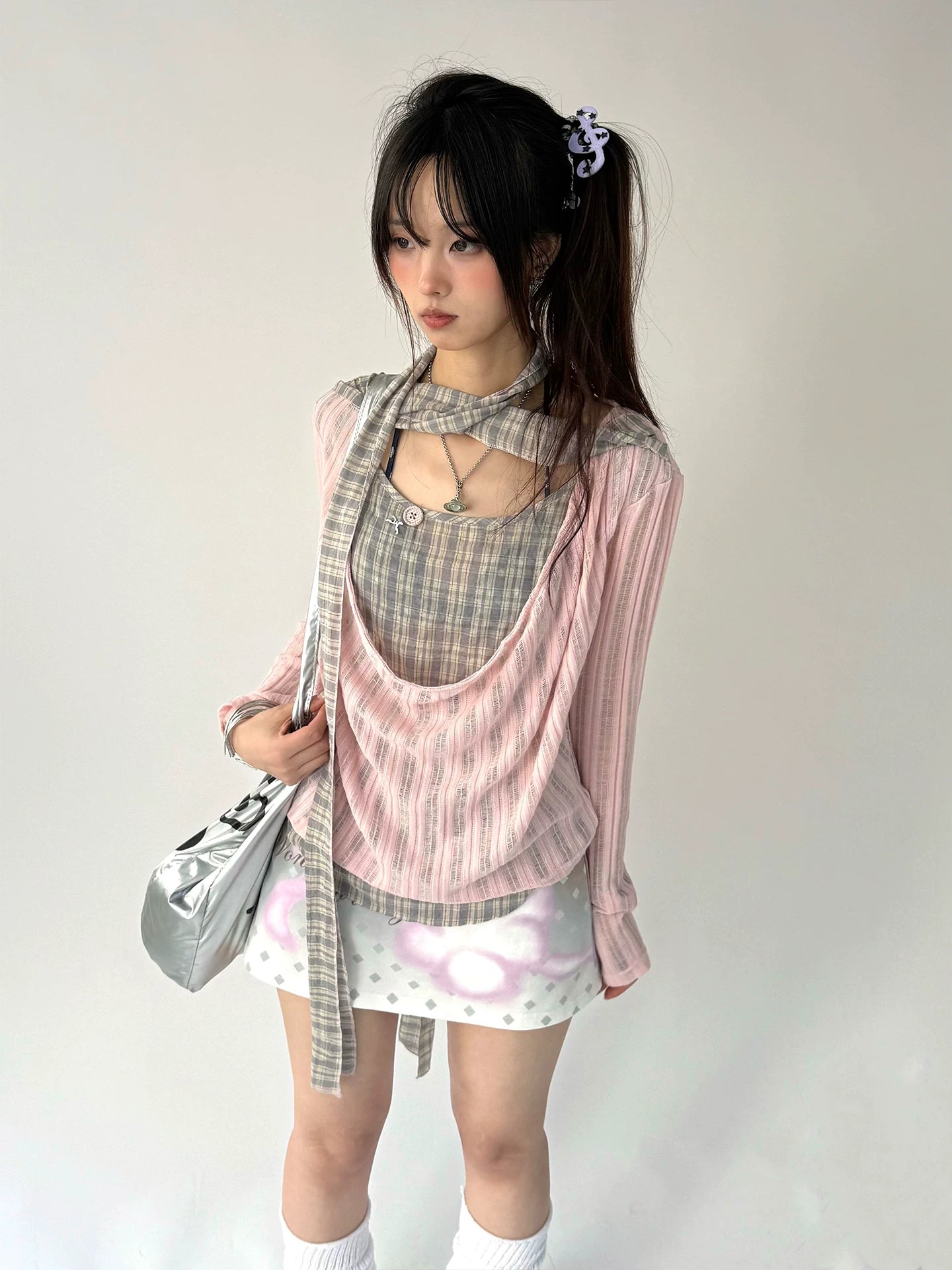 Plaid Ripped Fake Layered Long Sleeve T-Shirt