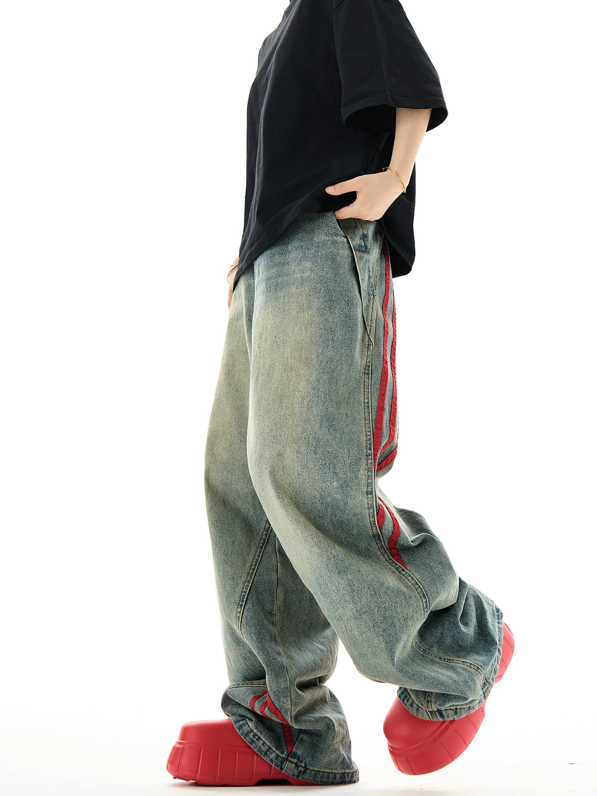 Side Stripes Wide-Leg Straight Denim Jeans