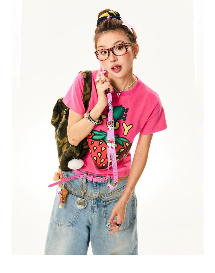 Strawberry Print Cropped Short Sleeve T-Shirt
