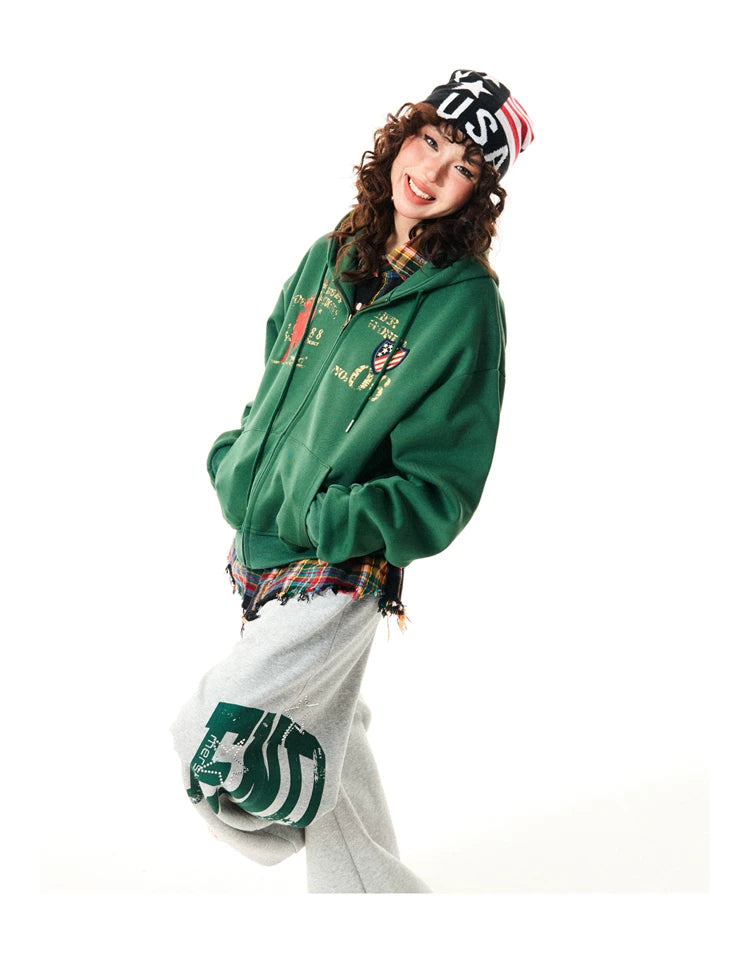 Letter Embroidery Washed Zipper Hoodie