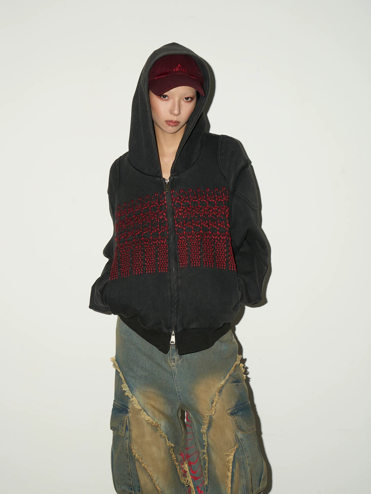 Embroidery Wash Damage Oversize Zipper Hoodie