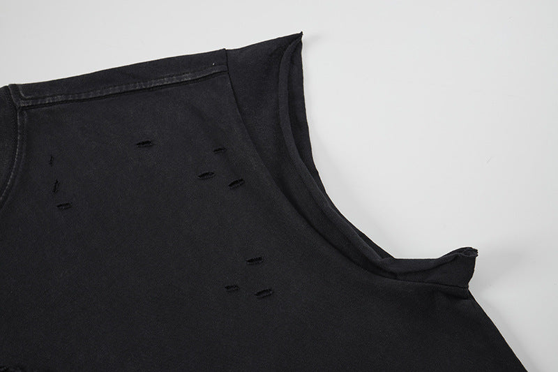 Cross Rhinestone Washed Damage Sleeveless T-Shirt