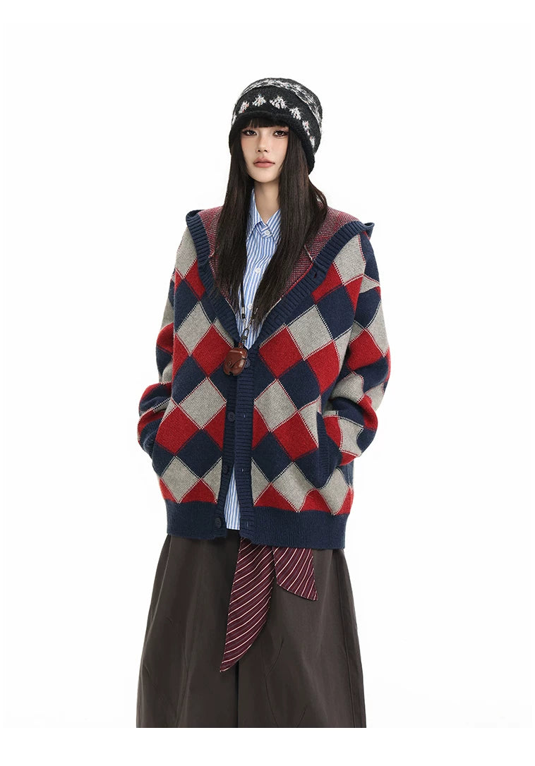 Heavyweight Diamond Pattern Oversize Hooded Knit Cardigan & Knit Sweater