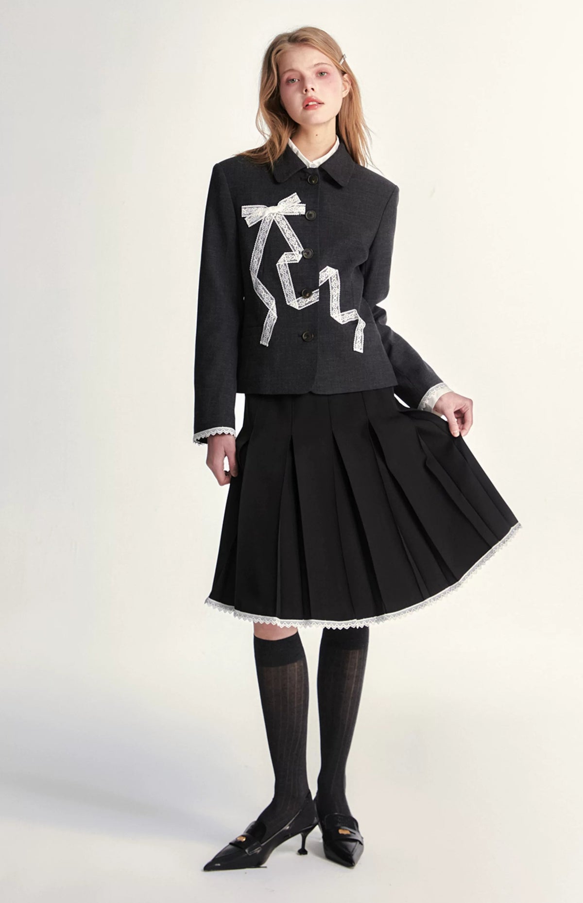 Lace Bow Blazer Jacket & Skirt Setup