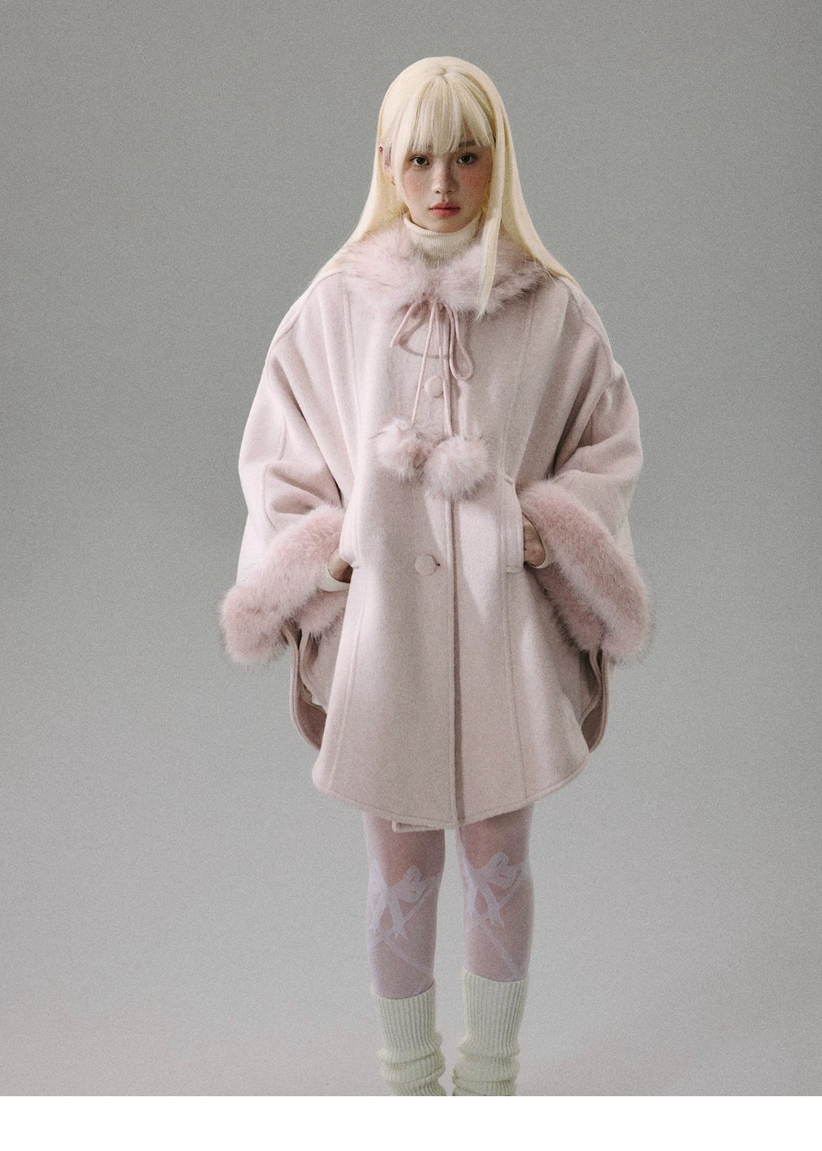 Sweet Girl Pink Long Hair Tweed Cape Coat