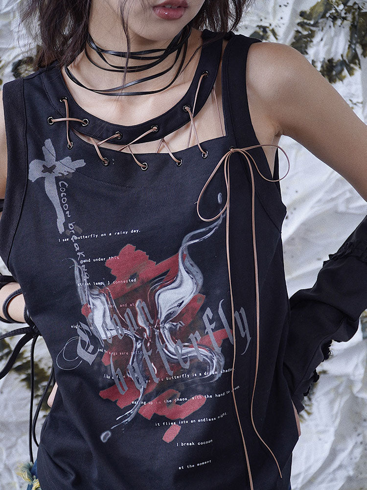 Tie-Strap Graphic Print Tank Top