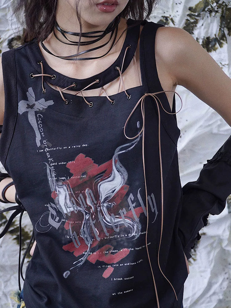 Tie-Strap Graphic Print Tank Top