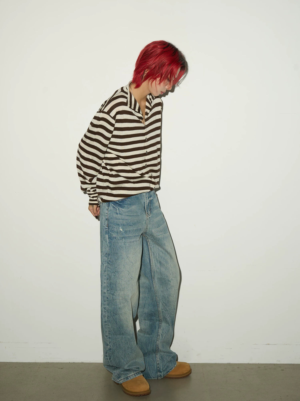 Contrast Stripe Wool Knit High-Neck Cardigan
