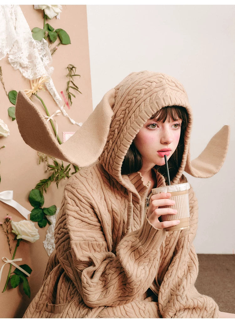 Bunny Hare Ear Hooded Zipper Knit Cardigan & Knit Skirt Setup