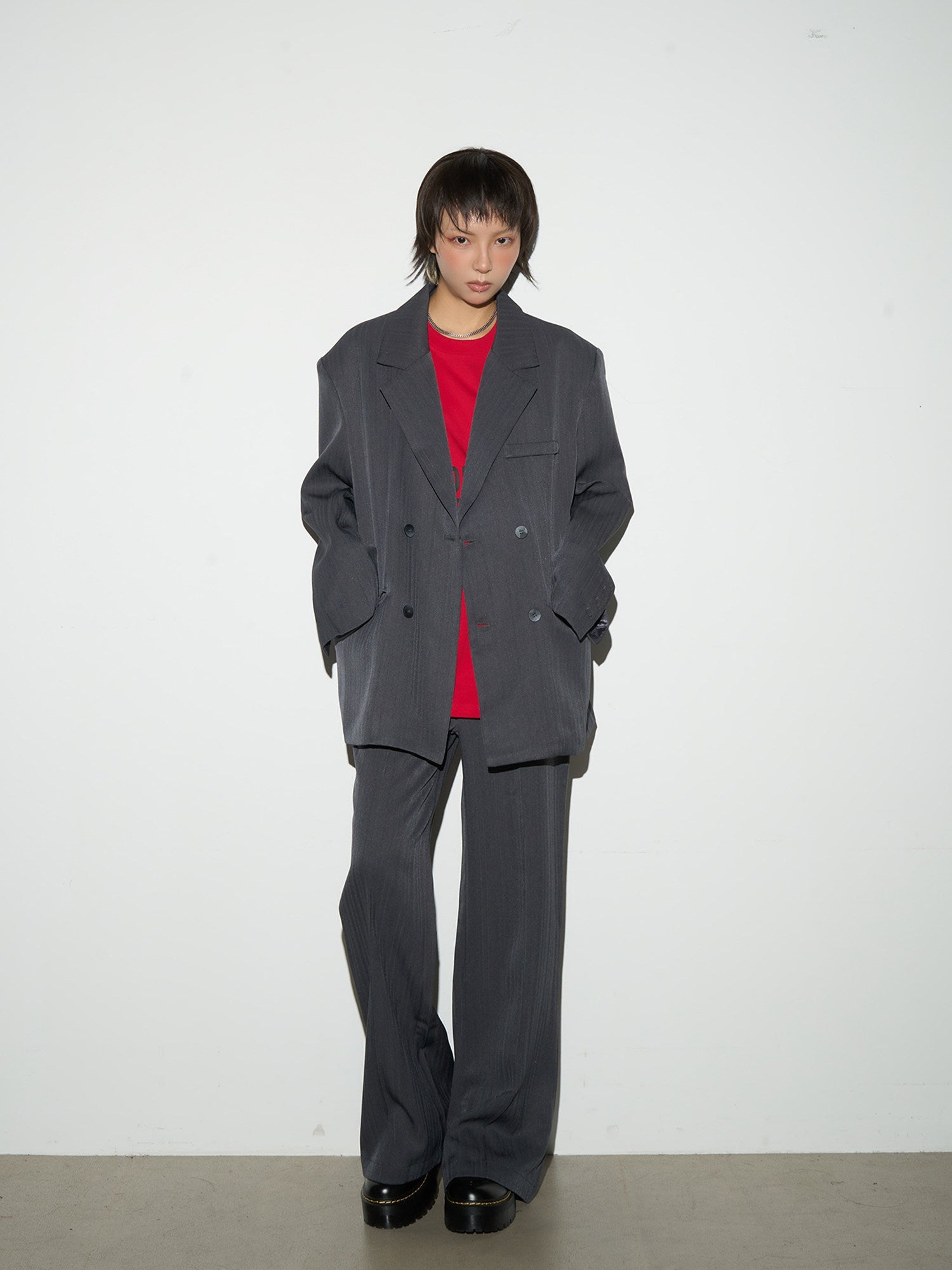 Shoulder-Pad Draped Tailored Jacket & Trousers Setup