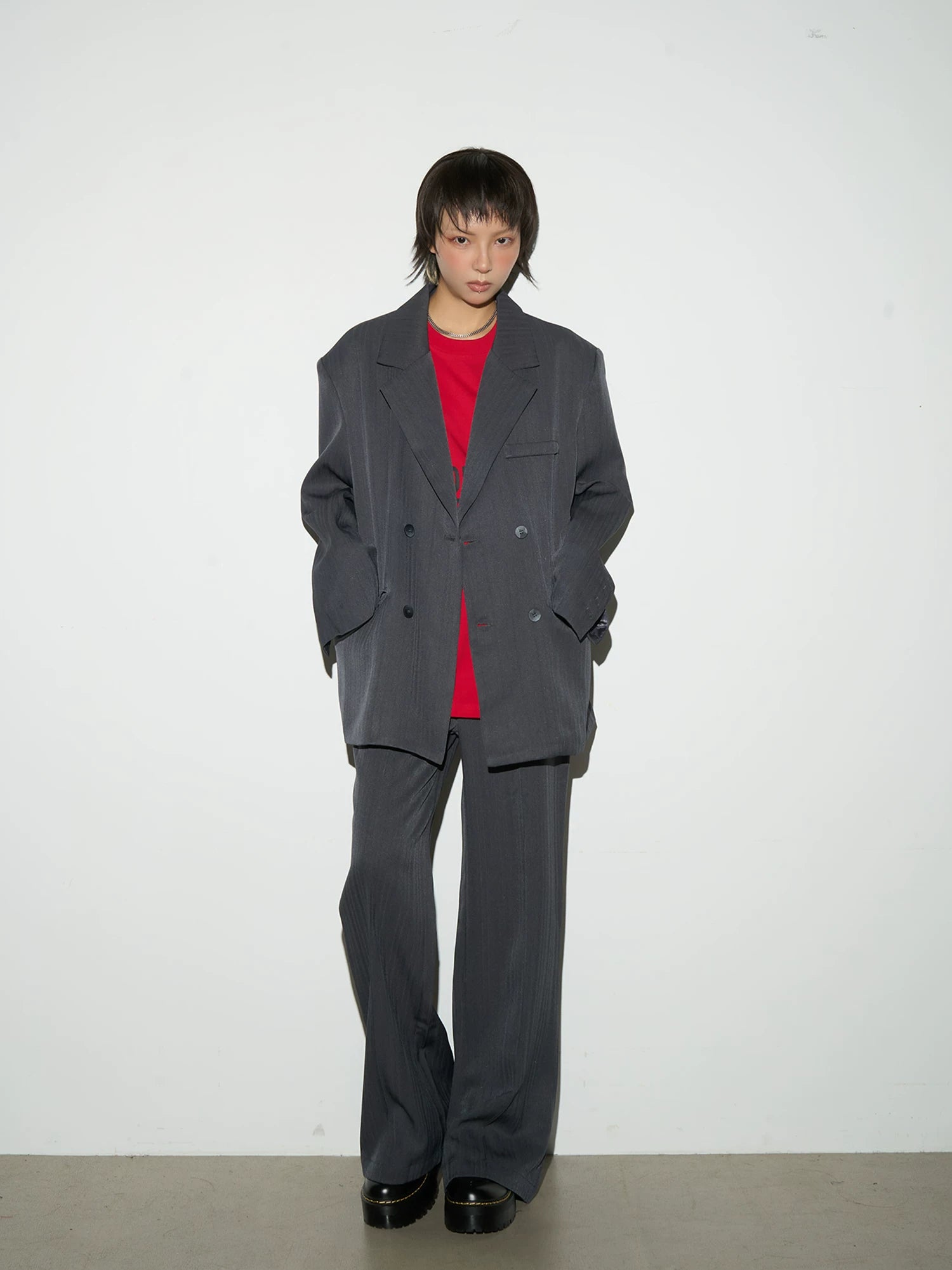 Shoulder-Pad Draped Tailored Jacket & Trousers Setup