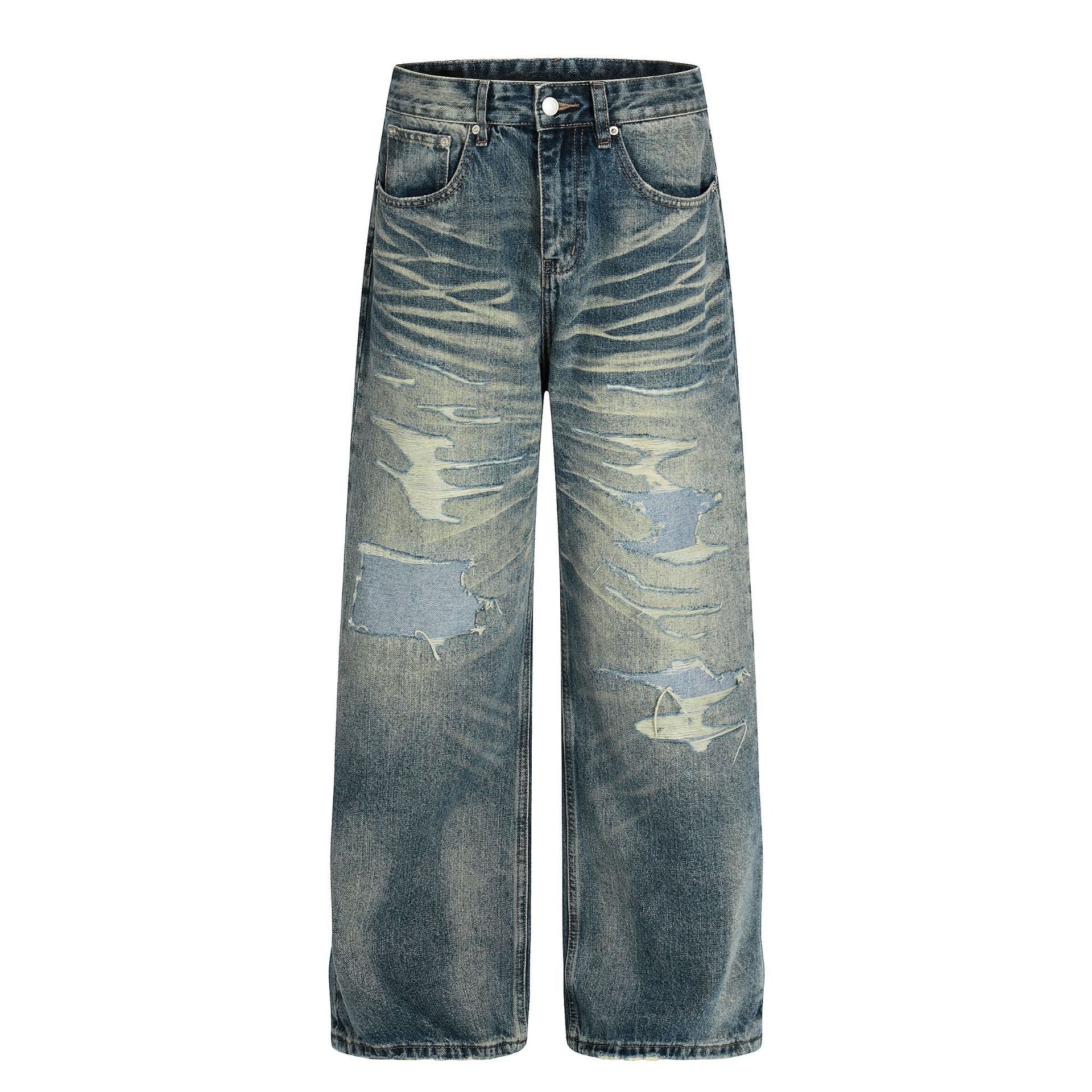 Whisker Damage Wide Leg Denim Jeans
