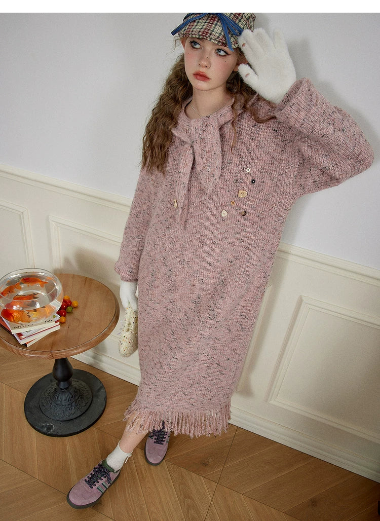 Robe longue ample à manches longues en maille avec capuche