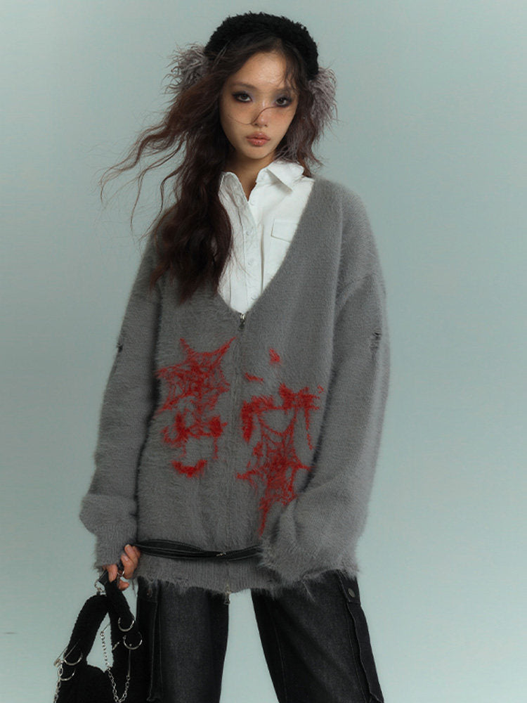 V-Neck Fake Mink Damage Zipper Knit Cardigan