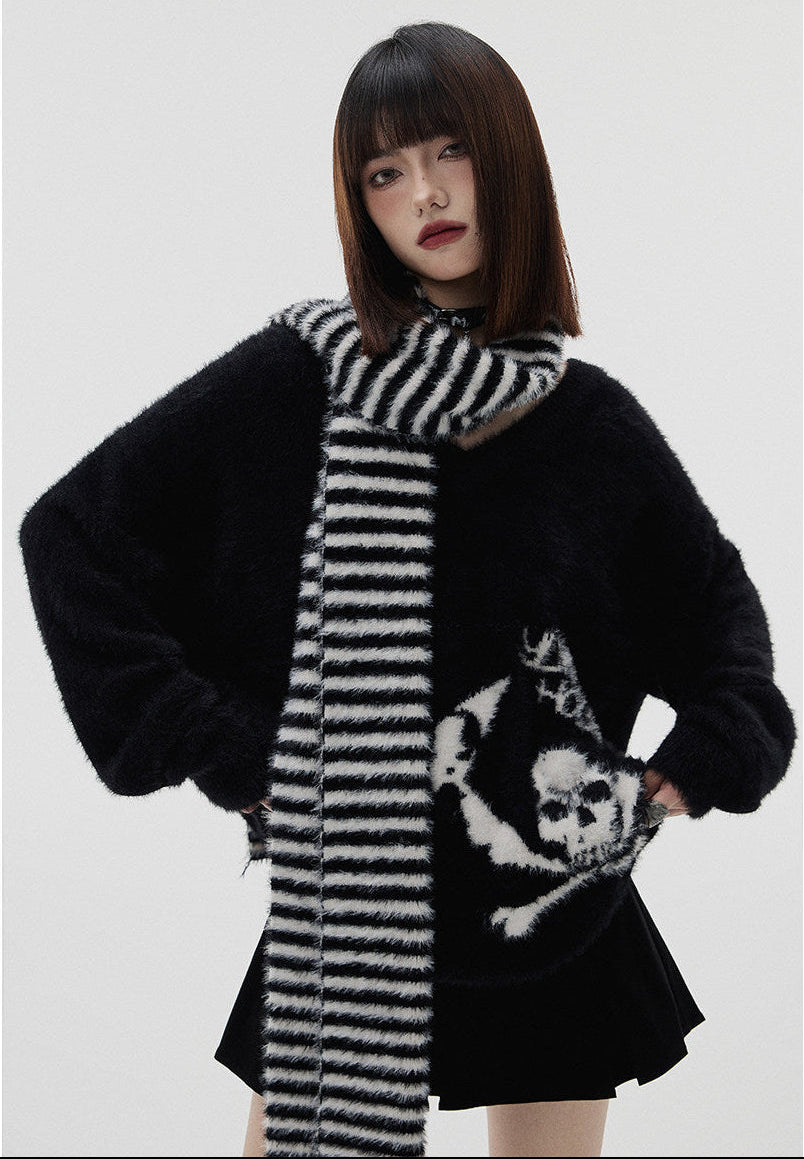 Mohair Skull Pattern Oversize V-Neck Knit Cardigan & Striped Scarf