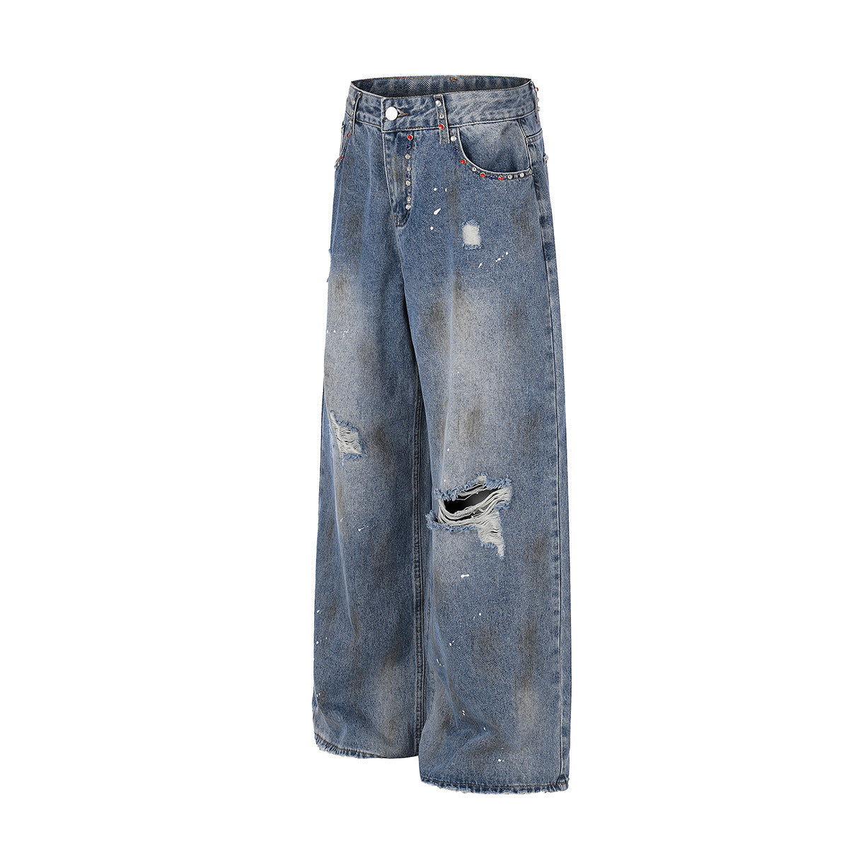 Washed Paint Damage Wide Leg Denim Jeans