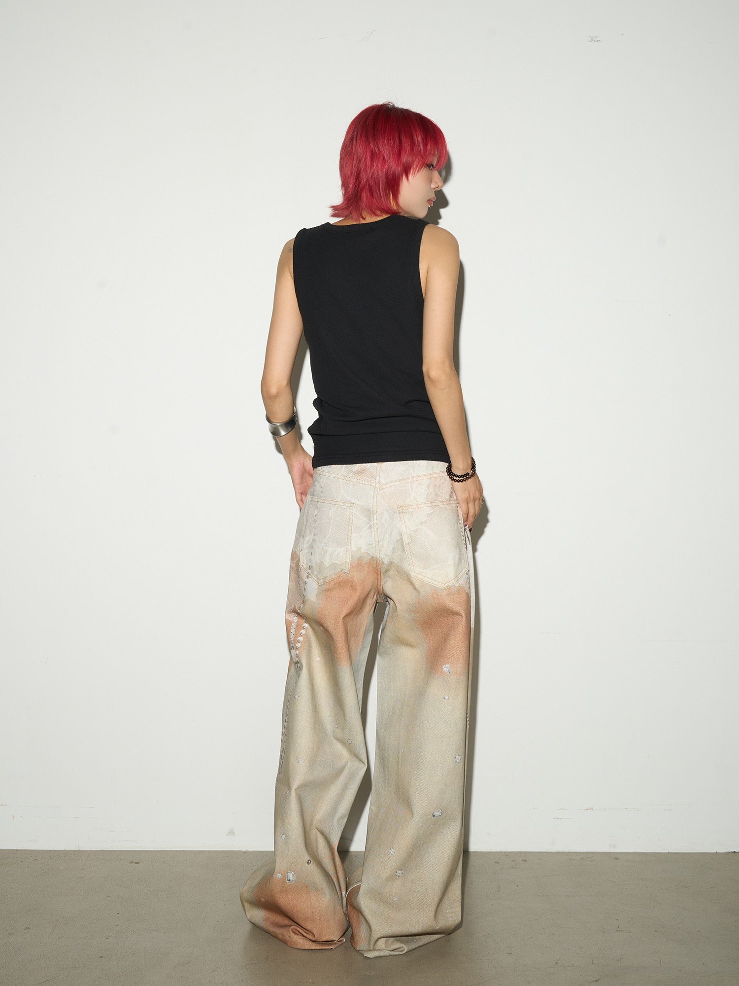 Digital Hand-Drawn Print Wide Leg Denim Jeans