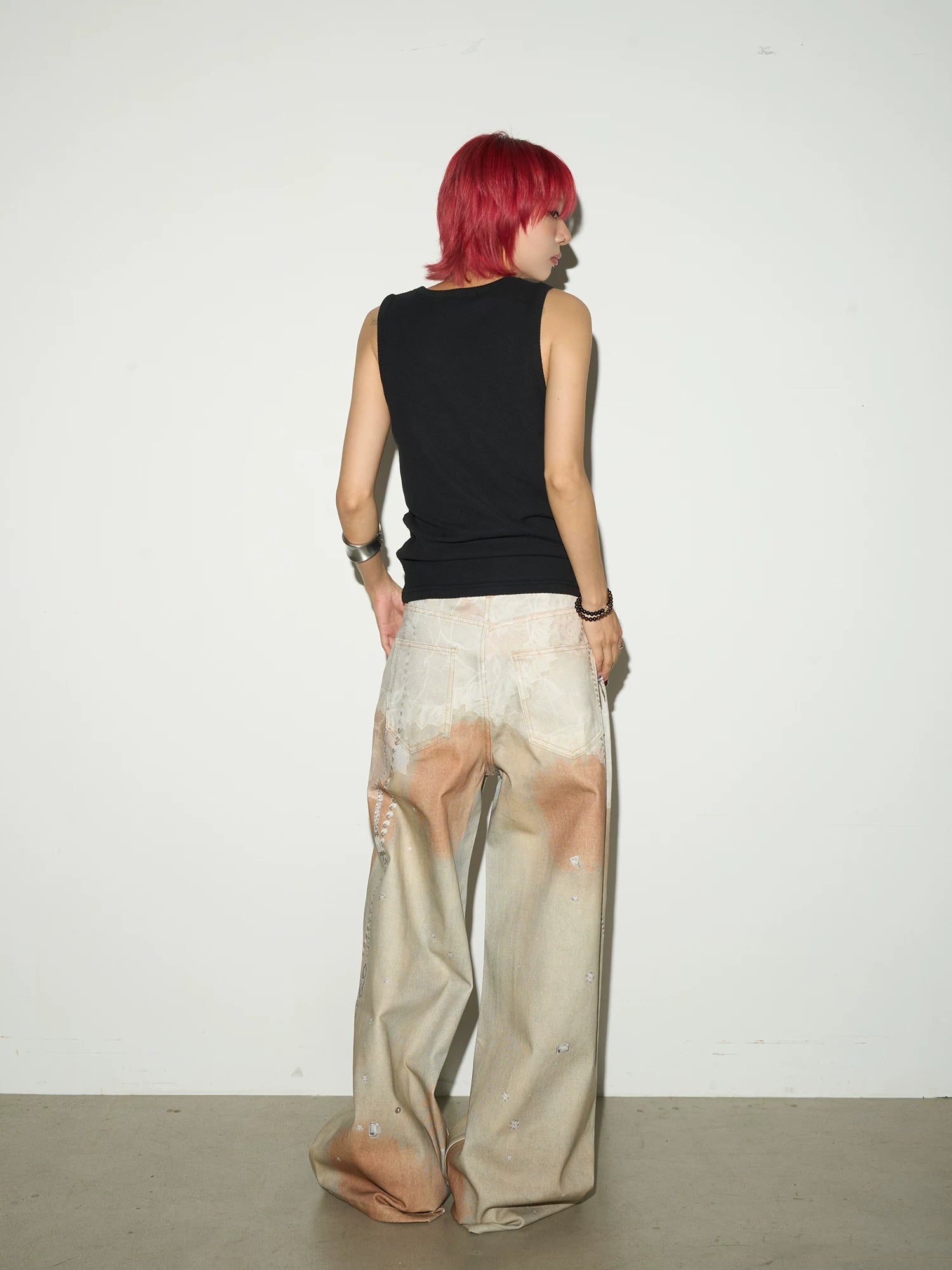 Digital Hand-Drawn Print Wide Leg Denim Jeans