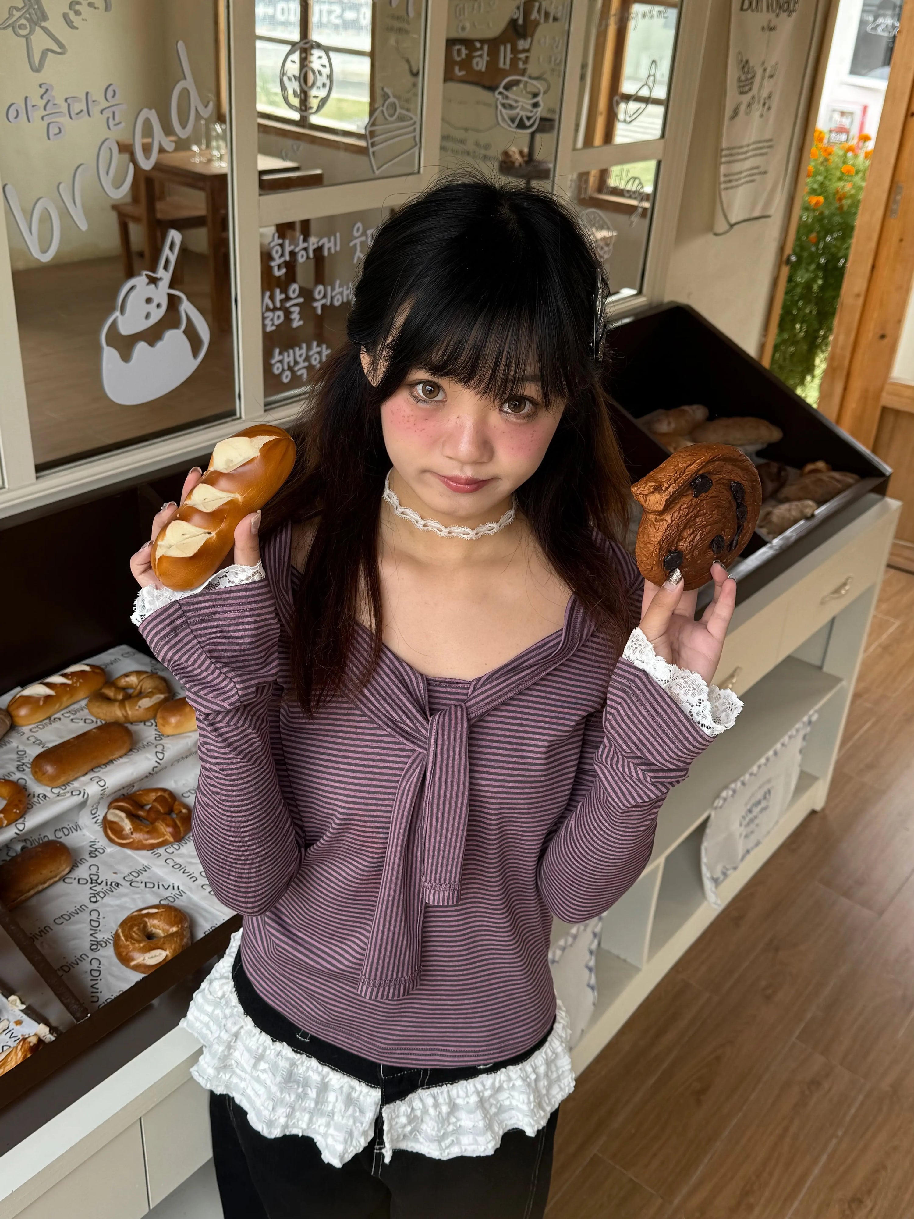 Striped Lace Trim Tie Detail Long Sleeve T-Shirt