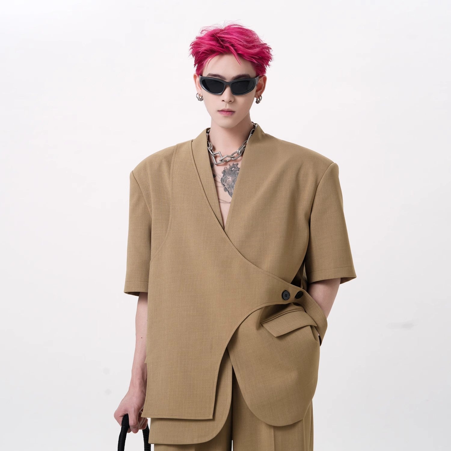Short Sleeve Jacket & Wide-Leg Straight Trousers Setup