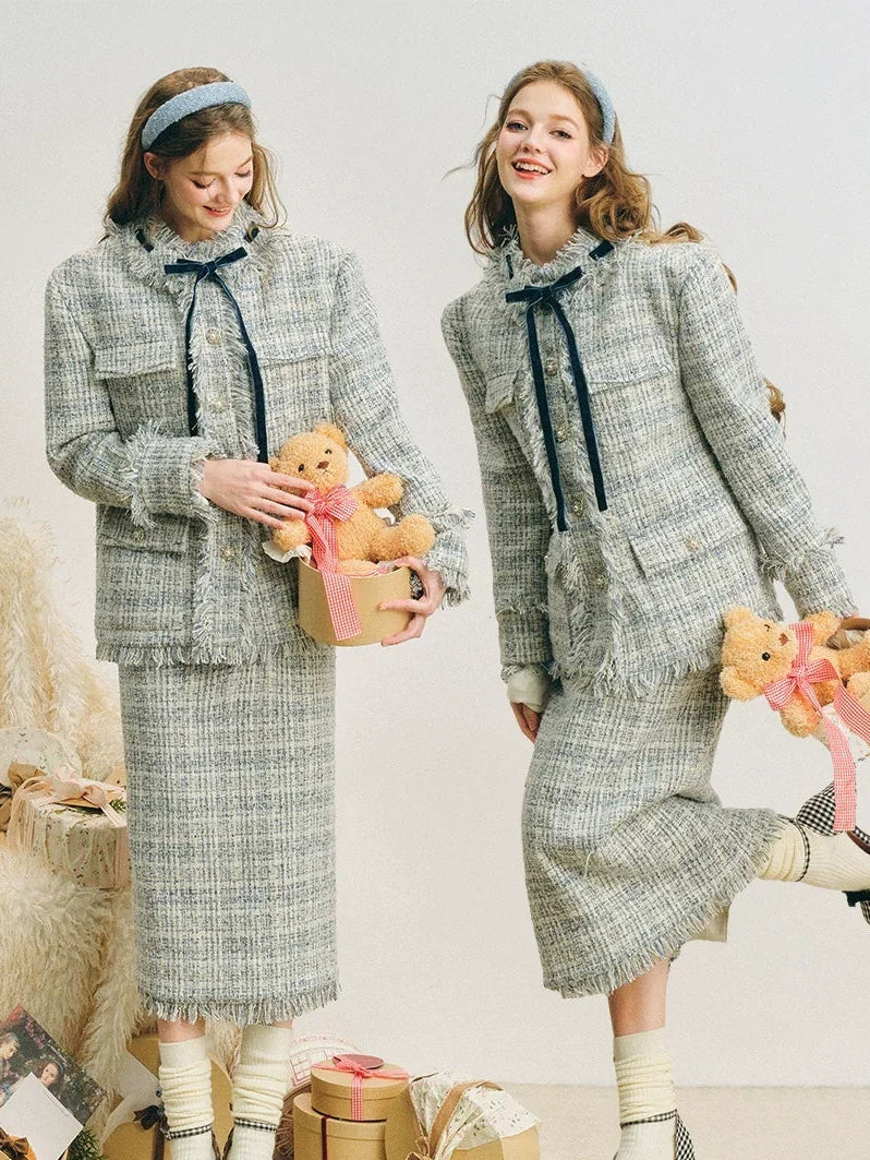 Bow Jacquard Jacket & Tassel Jacquard Short Skirt Setup