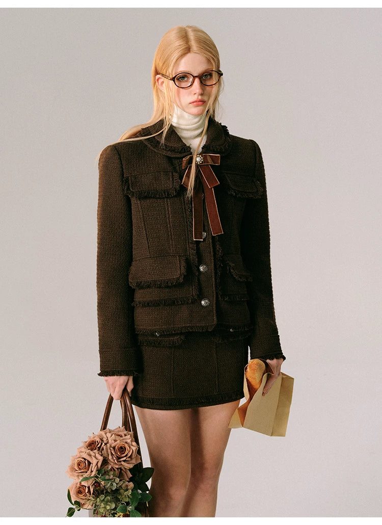 Bow Design Wool Blend Jacket & Short Skirt Setup