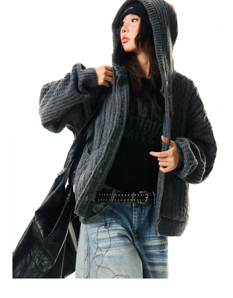 Hooded Button Oversize Cable Knit Cardigan