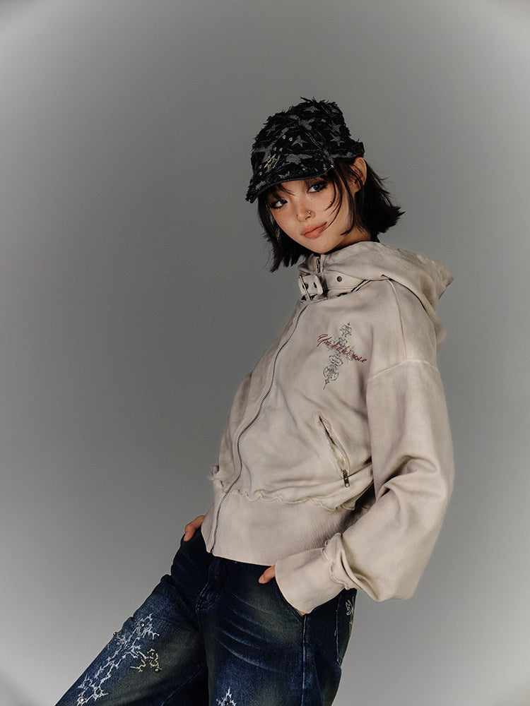 Washed Damage Oversize Zipper Hoodie