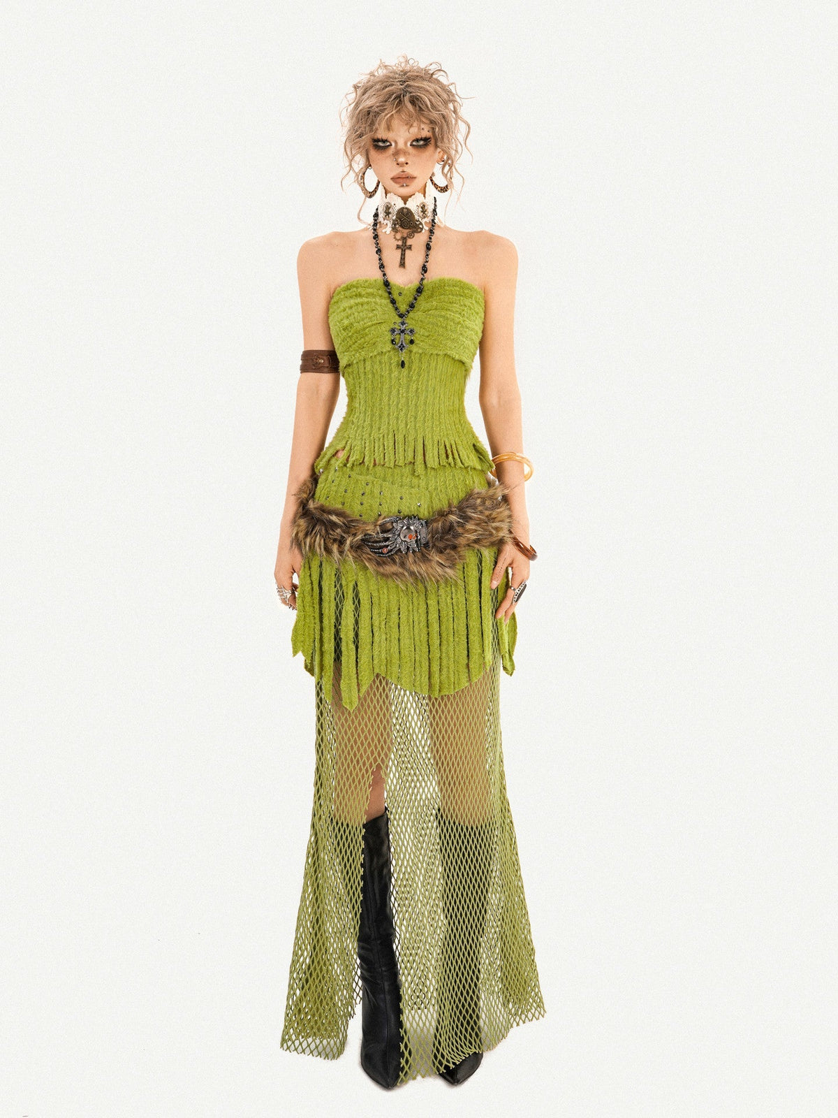 Fake Fur Patchwork Mesh Knit Cardigan & Tube Top & Mesh Long Skirt Setup