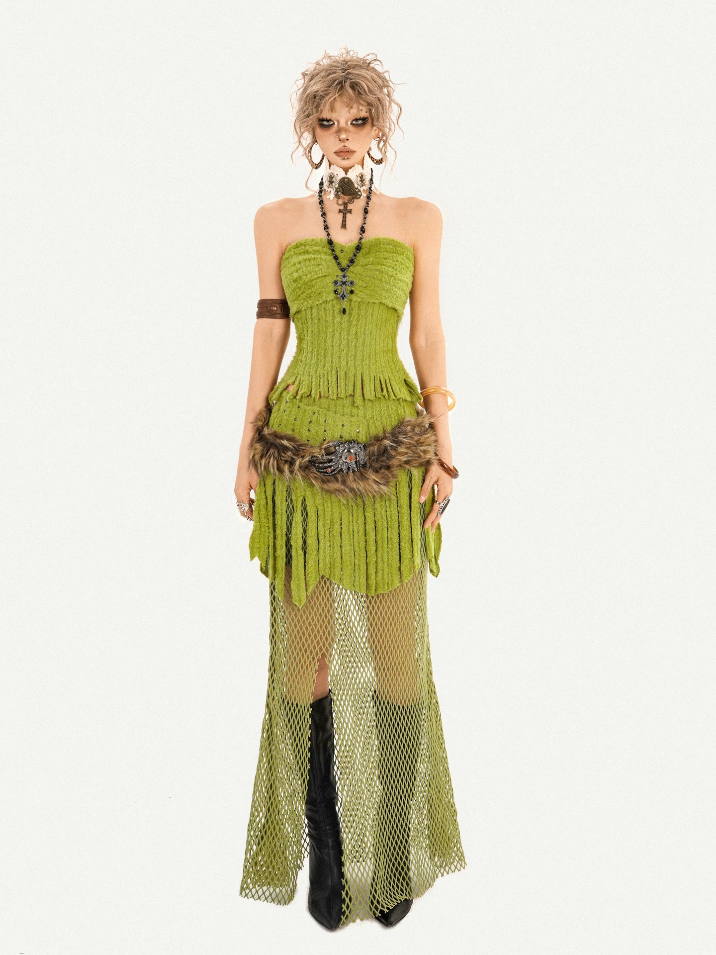 Fake Fur Patchwork Mesh Knit Cardigan & Tube Top & Mesh Long Skirt Setup