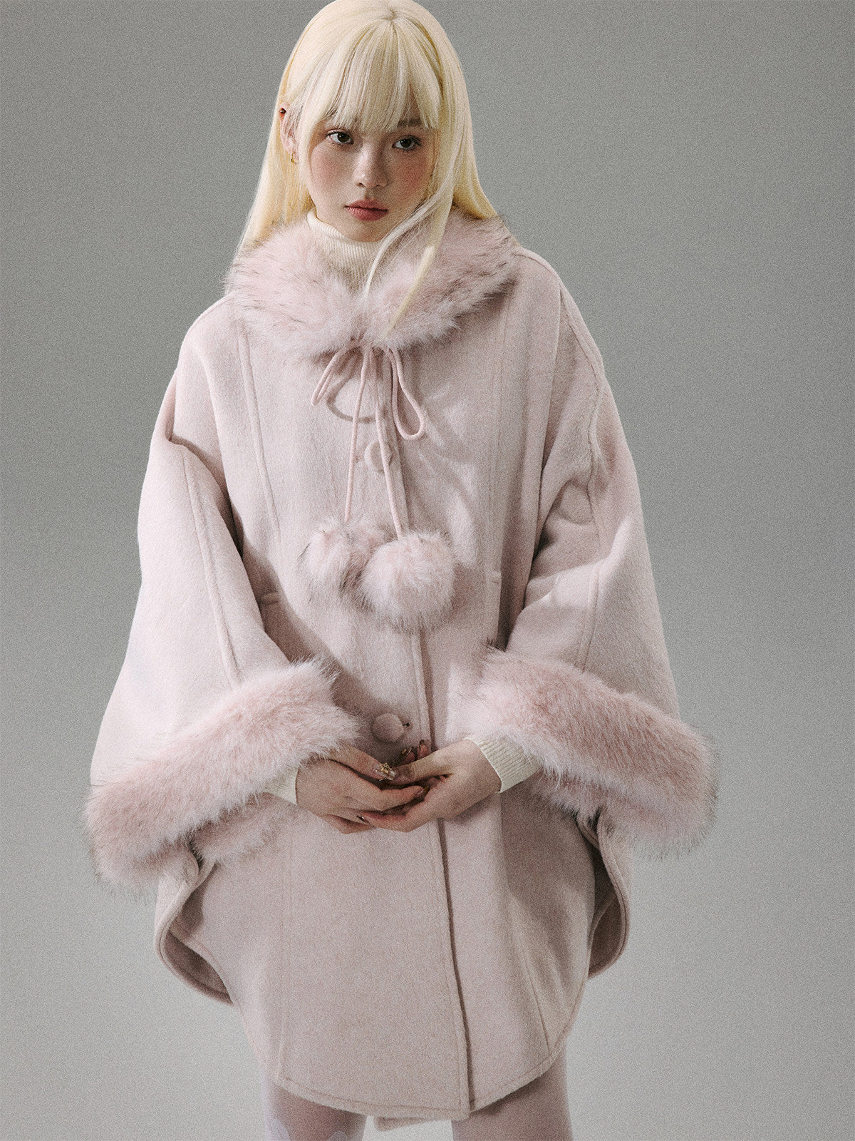 Sweet Girl Pink Long Hair Tweed Cape Coat