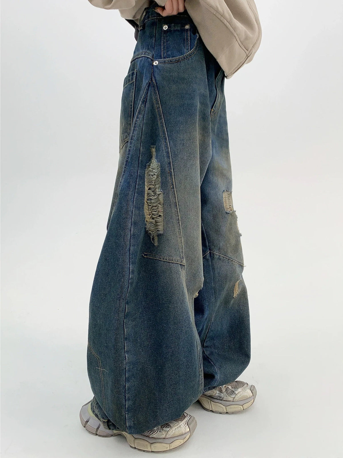 Washed Damaged Wide Leg Denim Jeans