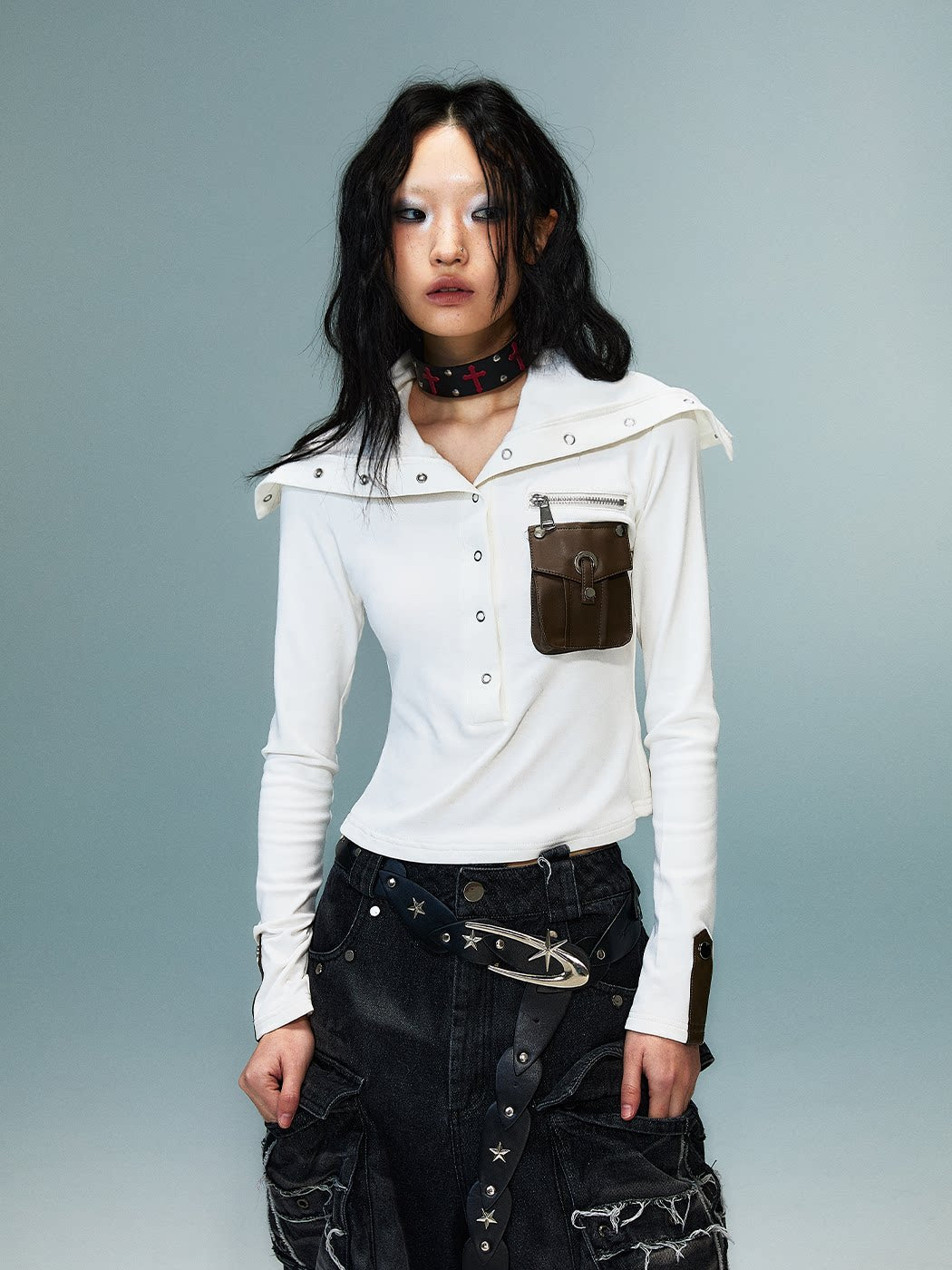 High-Neck Convertible Slim Knit Long Sleeve Shirt