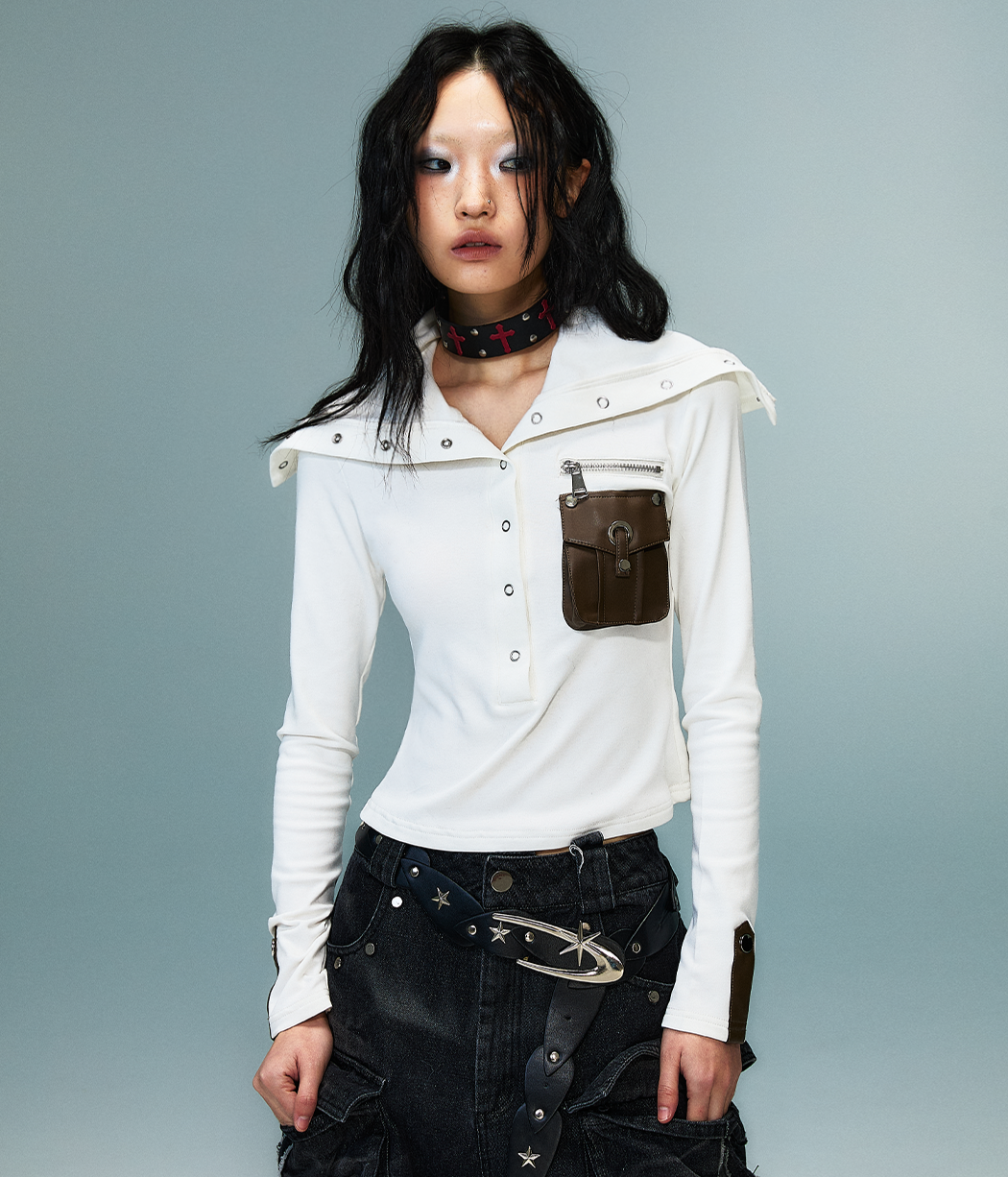 High-Neck Convertible Slim Knit Long Sleeve Shirt