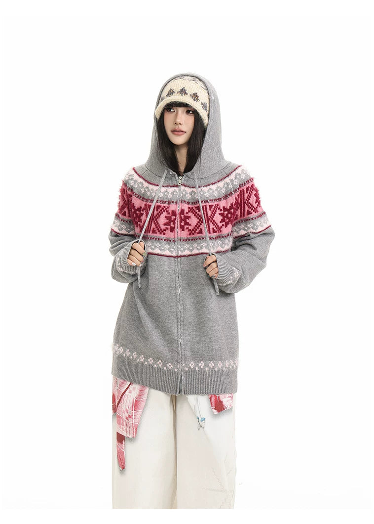 Fur Collar Fair Isle Hooded Knit Cardigan