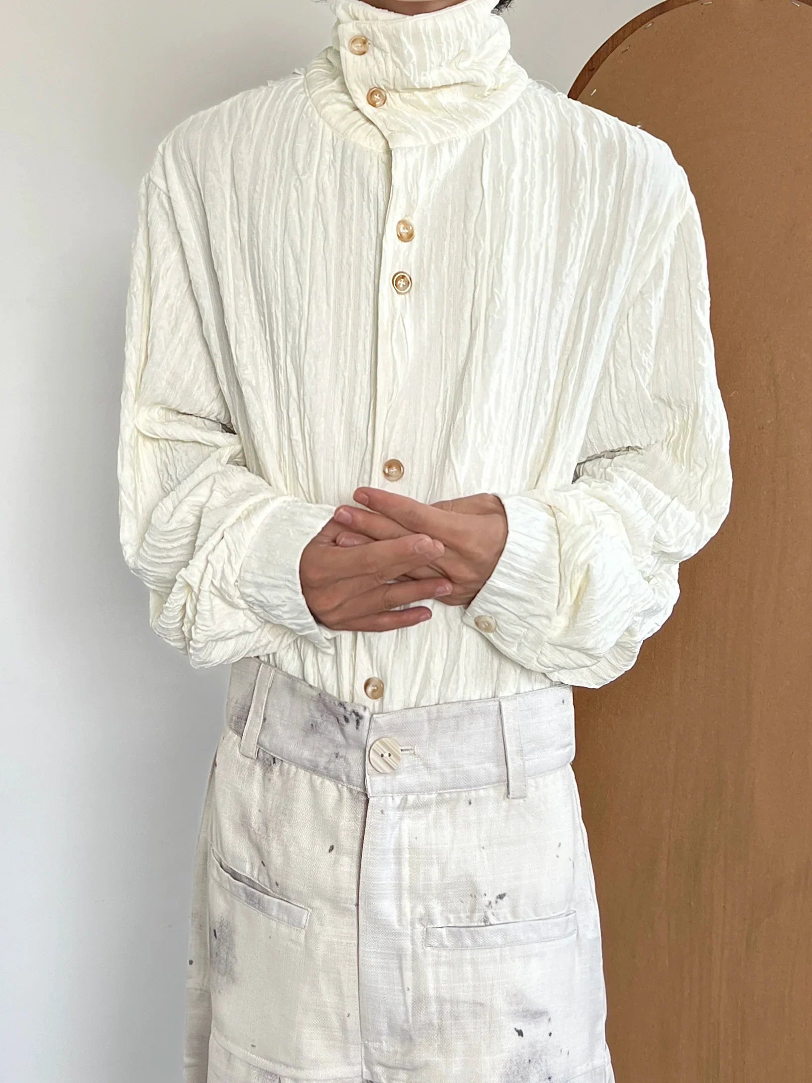 Texture Pleats High-Neck Long Sleeve Shirt
