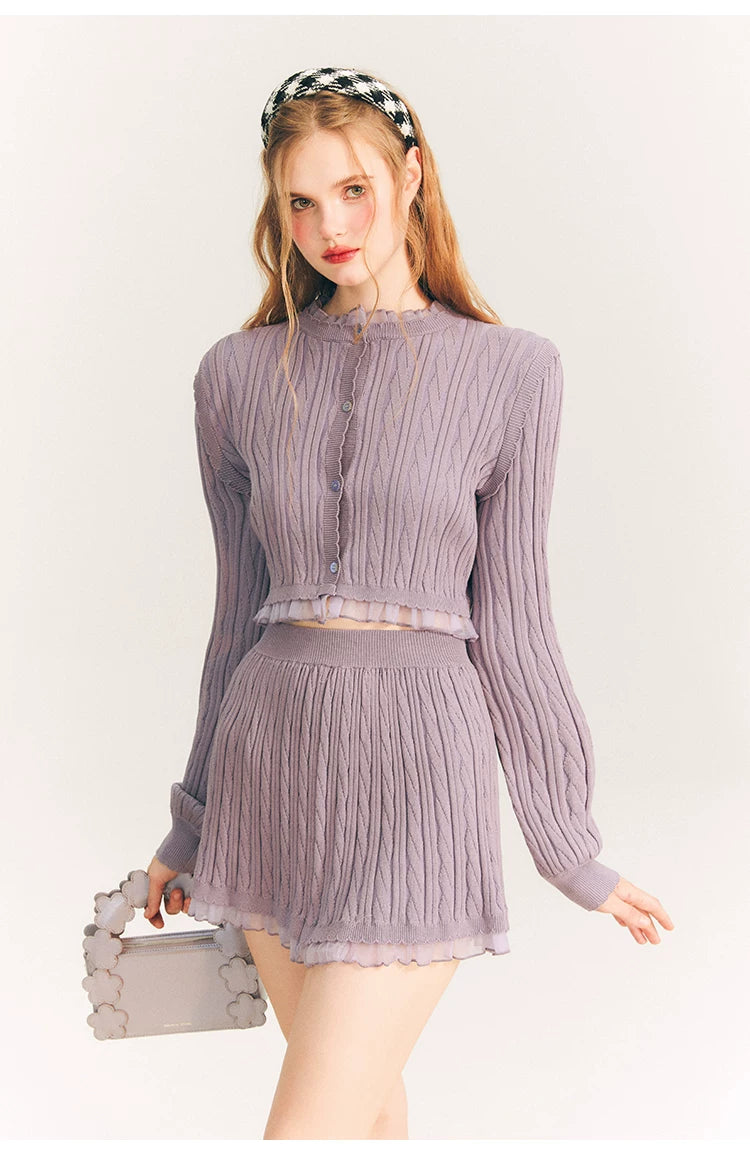 Tulip Button Knit Cardigan & Knit Short Skirt Setup