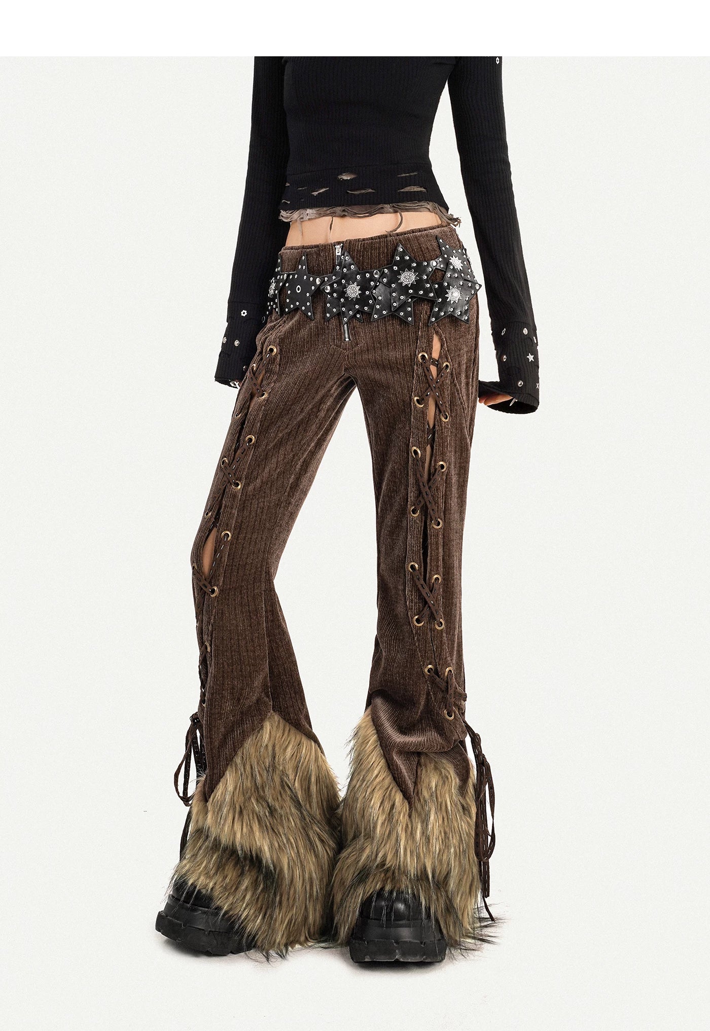 Corduroy Patchwork Fake Fur Lace-Up Slimming Pants
