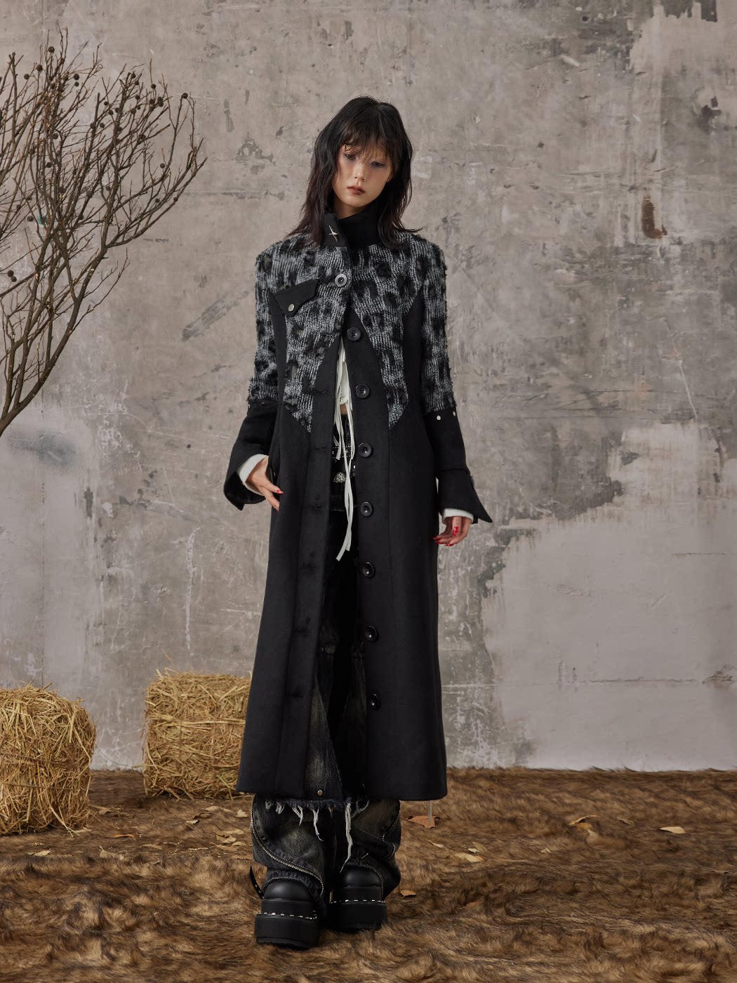 High-Neck Studs Patchwork Wool Coat